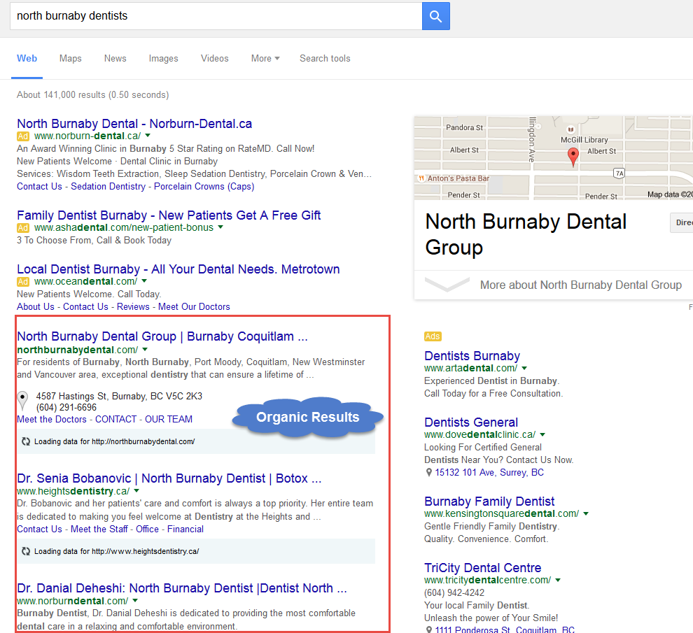 North Burnaby Organic Search Results Highlighted 